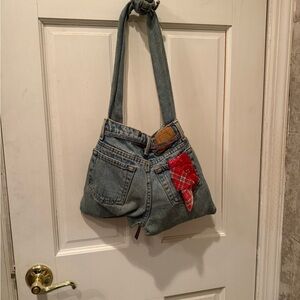 Upcycled Denim Shoulder Bag with Red Bandana Accent